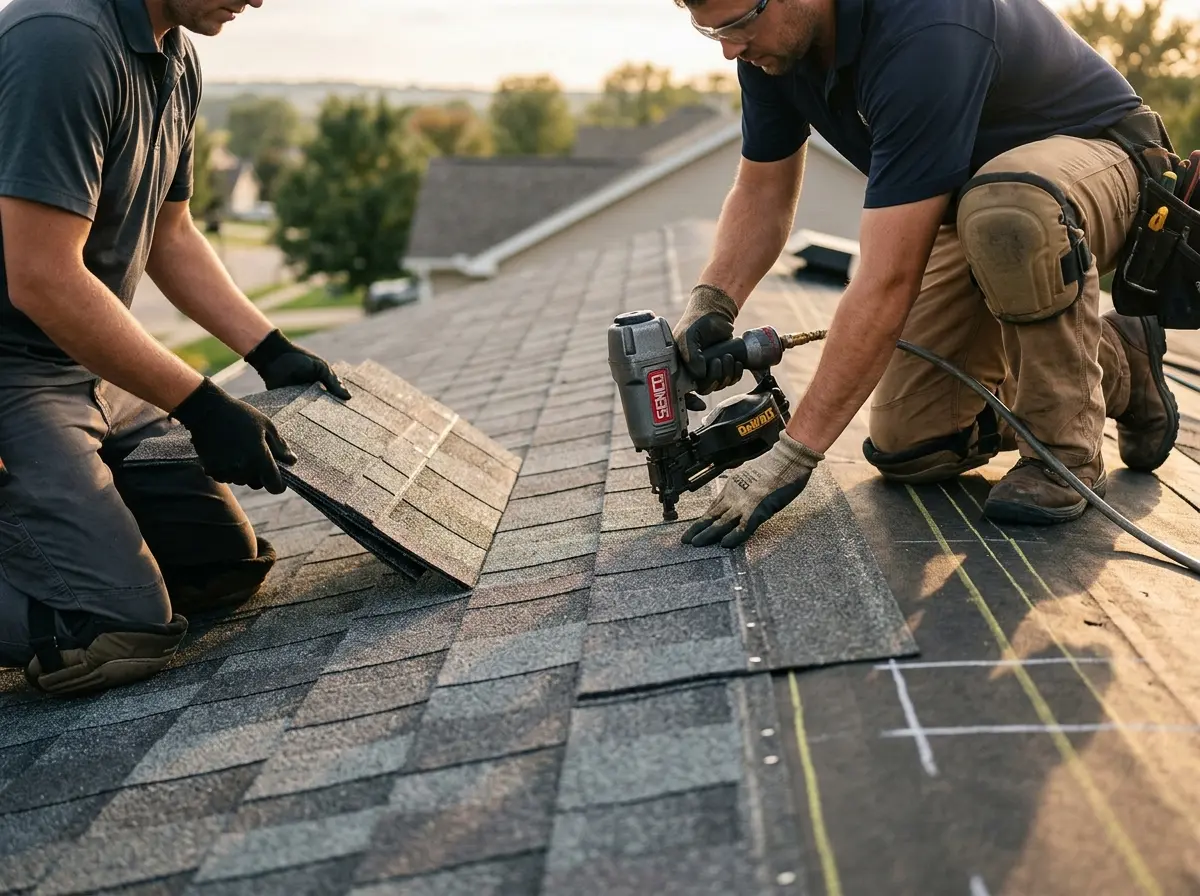 Professional roofer working on a residential roof in La Feria